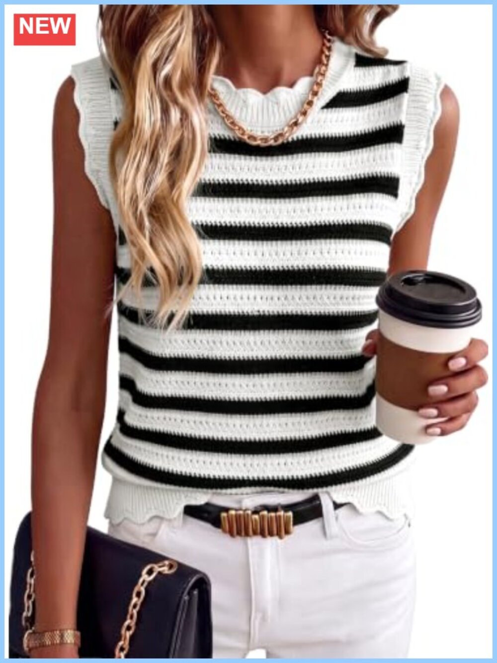 Striped Knit Sweater Vest Sleeveless Cropped Loose Fit Round Neck Women Casual